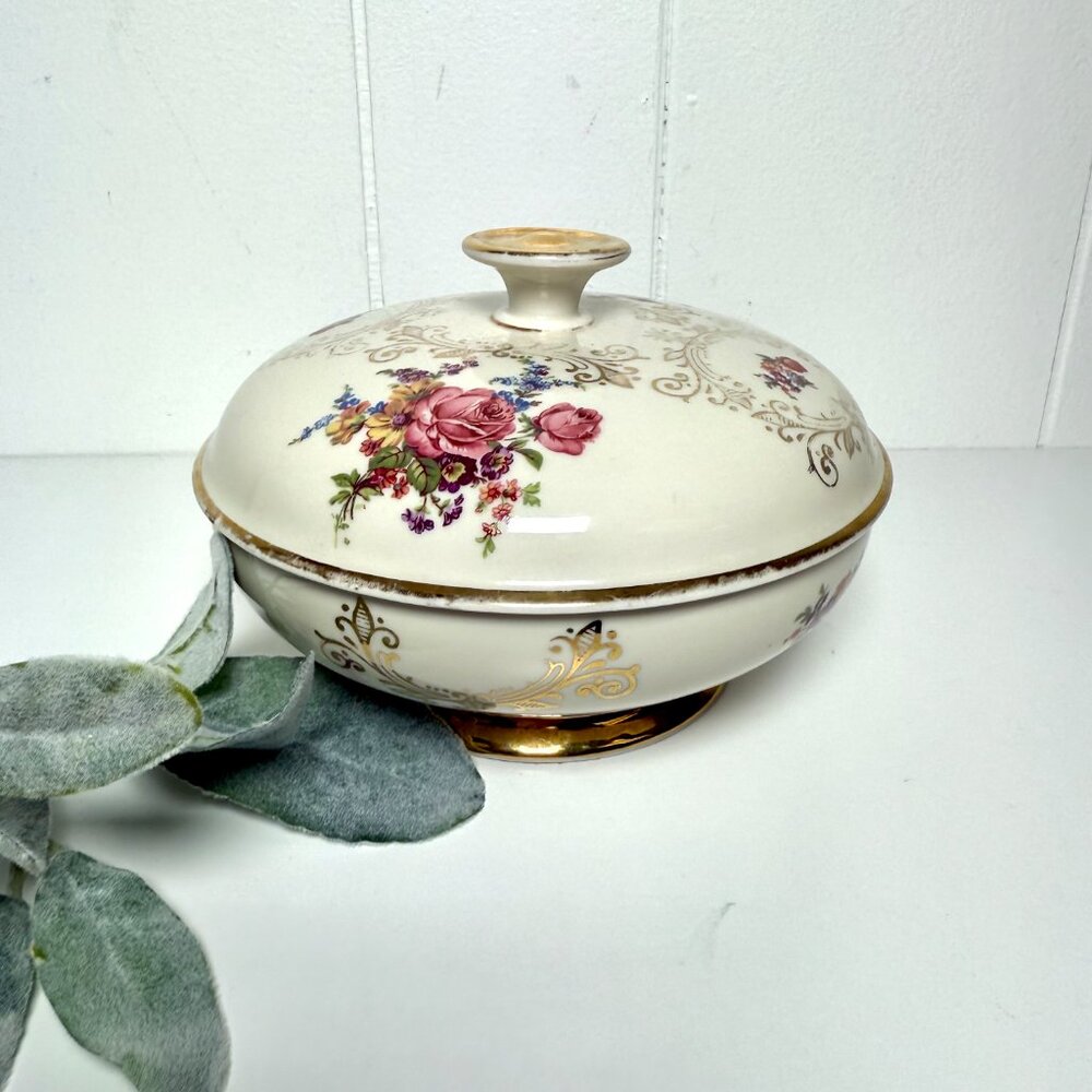 Vintage German Porcelain Covered Dish Dusting Powder Dish Trinket Dish